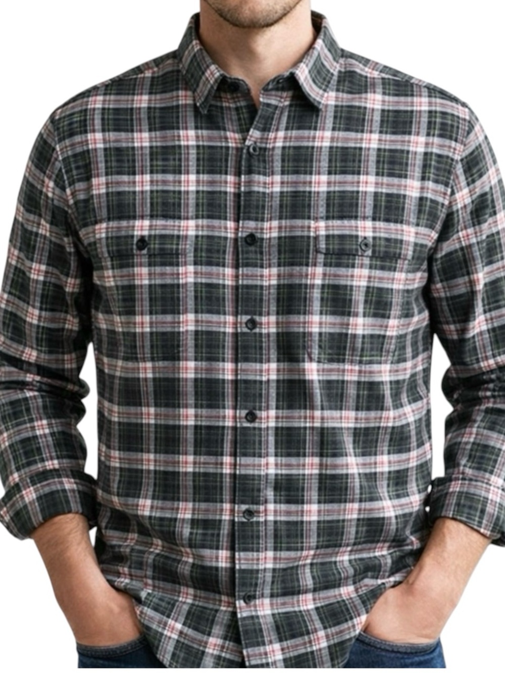NWTS Eddie Bauer Men's Button Up Shirt, Plaid- Black, White, Red, Sz Med